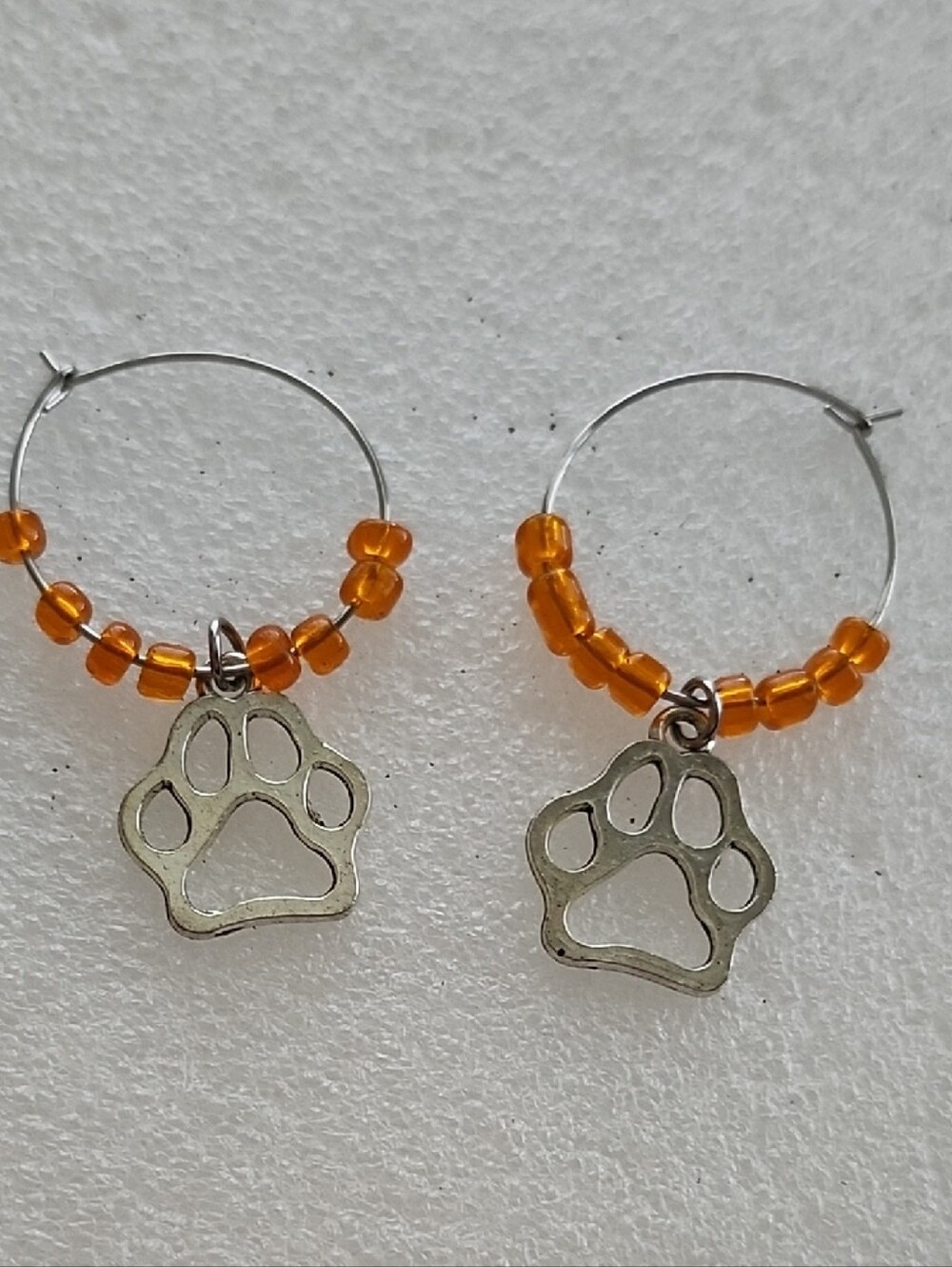 Hand Crafted Orange Beaded Paw Print Hoop Earrings